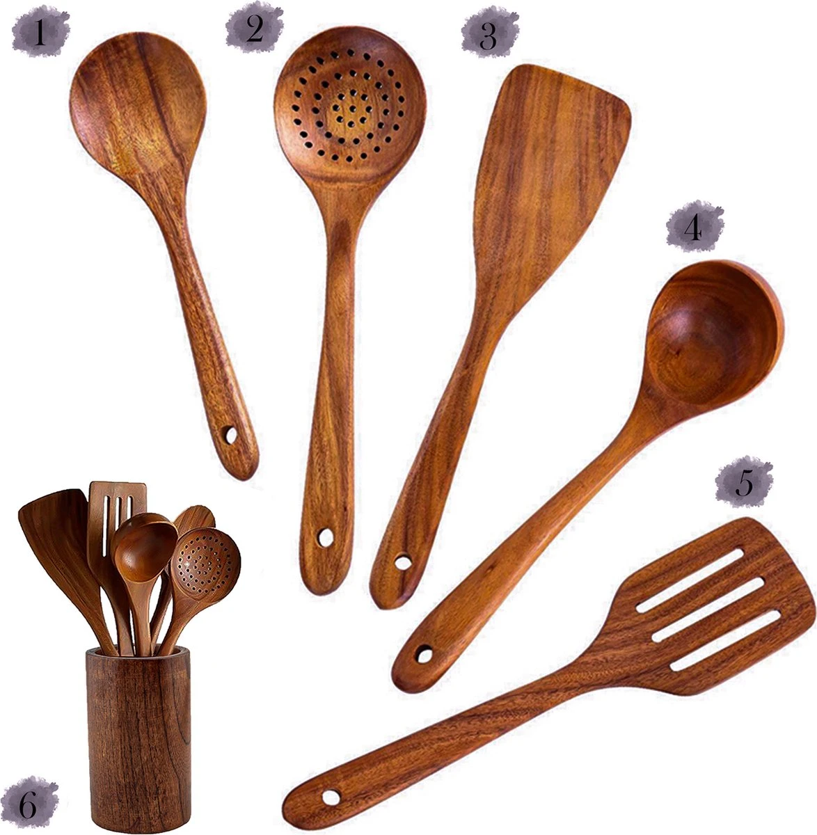 Luverno® - Keukengerei Set - 6 Delig - Teakhout - Keukenset - Keukengerei - Keukengerei Set Met Houder - Keukengerei Houder - Spatelpot - Bruin 6 Luverno® - Keukengerei Set - 6 Delig - Teakhout - Keukenset - Keukengerei - Keukengerei Set Met Houder - Keukengerei Houder - Spatelpot - Bruin - Afbeelding 6