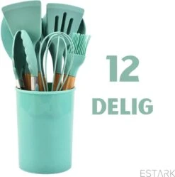 ESTARK® Keukengerei Set - Keukengerei Houder - Keukengerei Set Met Houder - 12 Delig - Antraciet Zwart - Houten Steel - Siliconen - Kerstcadeau - Pastalepel - Spatel Voor Beslag - Open Spatel - Grote Lepel - Open Lepel - Soeplepel - Keuken Spatels 12 -Keukengerei Verkoop 1191x1200 3