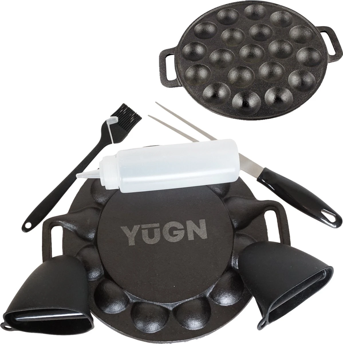 YUGN BLACK Poffertjespan Poffertjesmaker 6 Delige Set - 19 Poffertjes Incl Doseerfles Kwast Poffertjesvork Siliconen Ovenwanten - Platte Onderkant Poffertjespan Inductie Poffertjespan Elektrisch - Cadeau Tip 4 YUGN BLACK Poffertjespan Poffertjesmaker 6 Delige Set - 19 Poffertjes Incl Doseerfles Kwast Poffertjesvork Siliconen Ovenwanten - Platte Onderkant Poffertjespan Inductie Poffertjespan Elektrisch - Cadeau Tip - Afbeelding 4