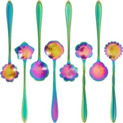 Fako Bijoux® - Bloemen Lepels Set - Theelepel / Koffielepel - 12cm - Regenboog - 8 Stuks