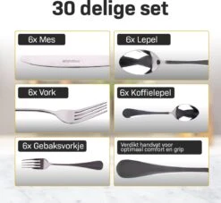 Grandlux Bestekset 6 Persoons 30-delig - Zilver Bestek - Messen, Vorken, Lepels - Cutlery Set - RVS -Keukengerei Verkoop 1200x1103