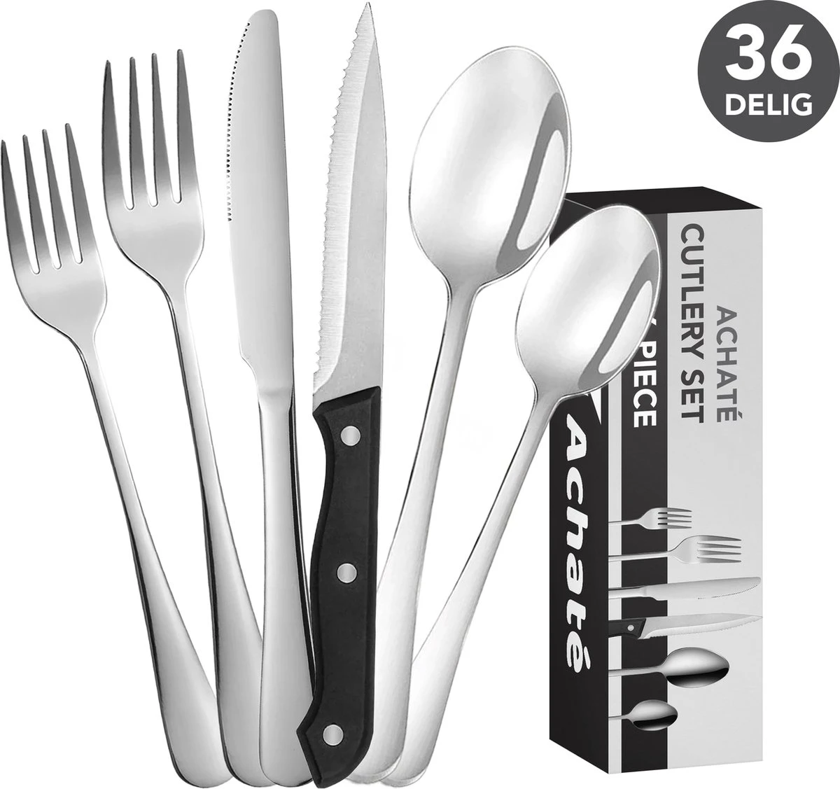 Achaté Bestekset 6 Persoons - 36-delig - RVS - Lepels, Messen, Vorken En Steakmessen - Hoogwaardige Kwaliteit - Vaatwasser Bestendig - Zilver