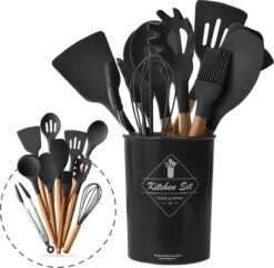 Keukengerei Set Met Houder - Kookgerei Set Spatel Pot - Keukengerei Keukenset - 12 Delige Zwart Hout