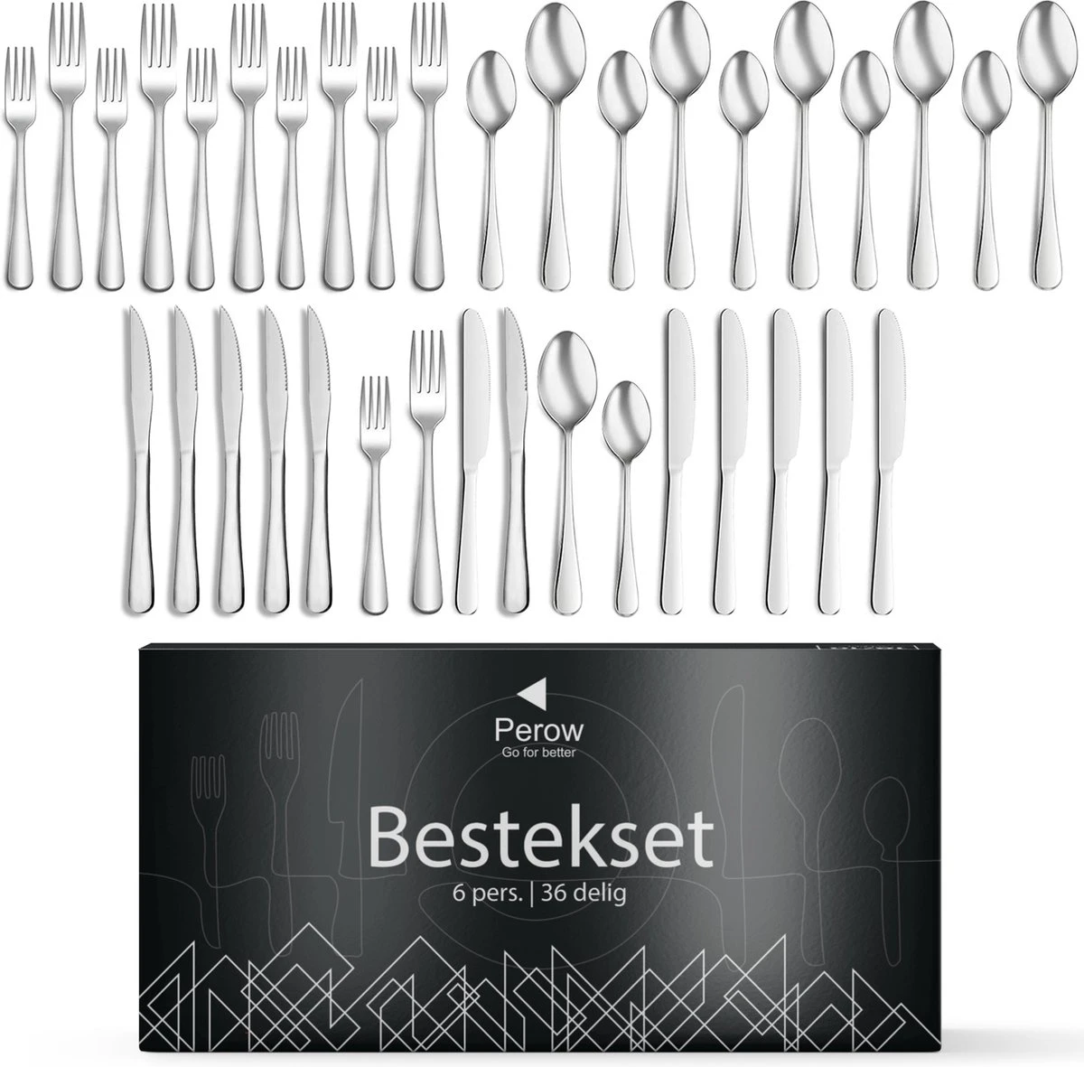 Perow 6 Persoons Bestekset – 36 Delig – 18/10 Edelstaal – Lepels, Messen, Vorken & Steakmessen – Vaatwasserbestendig – Zilver - Serviessets