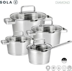 Sola Pannenset Diamond - 4 Delig - Ø 16,16,18,20 Cm - Zilver - RVS - Sandwichbodem -Keukengerei Verkoop 1200x1183 1