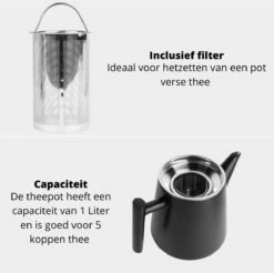 Castagnola Theepot Met Filter – Theekan – Theepot Dubbelwandig – Theepot Roestvrijstaal – Hoogwaardig RVS – 1 Liter – 5 Kopjes Thee – Zwart -Keukengerei Verkoop 1200x1195 21