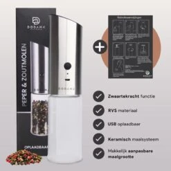 DODANA Premium Peper - & Zoutmolen Elektrisch - 1 Stuk - Pepermolen - Zoutmolen - Oplaadbaar - USB - Elektrische Pepermolen - RVS - Zwaartekracht Functie - LED Lamp - Nl Handleiding - Incl Borsteltje -Keukengerei Verkoop 1200x1199 7