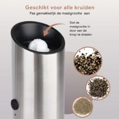 DODANA Premium Peper - & Zoutmolen Elektrisch - 1 Stuk - Pepermolen - Zoutmolen - Oplaadbaar - USB - Elektrische Pepermolen - RVS - Zwaartekracht Functie - LED Lamp - Nl Handleiding - Incl Borsteltje -Keukengerei Verkoop 1200x1199 8