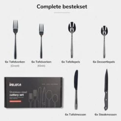 Deleca 6 Persoons Bestekset (36-delig) - Lepels, Messen, Vorken & Steakmessen - Vaatwasserbestendig - Zwart / RVS 18 Deleca 6 Persoons Bestekset (36-delig) - Lepels, Messen, Vorken & Steakmessen - Vaatwasserbestendig - Zwart / RVS -Keukengerei Verkoop 1200x1200 126