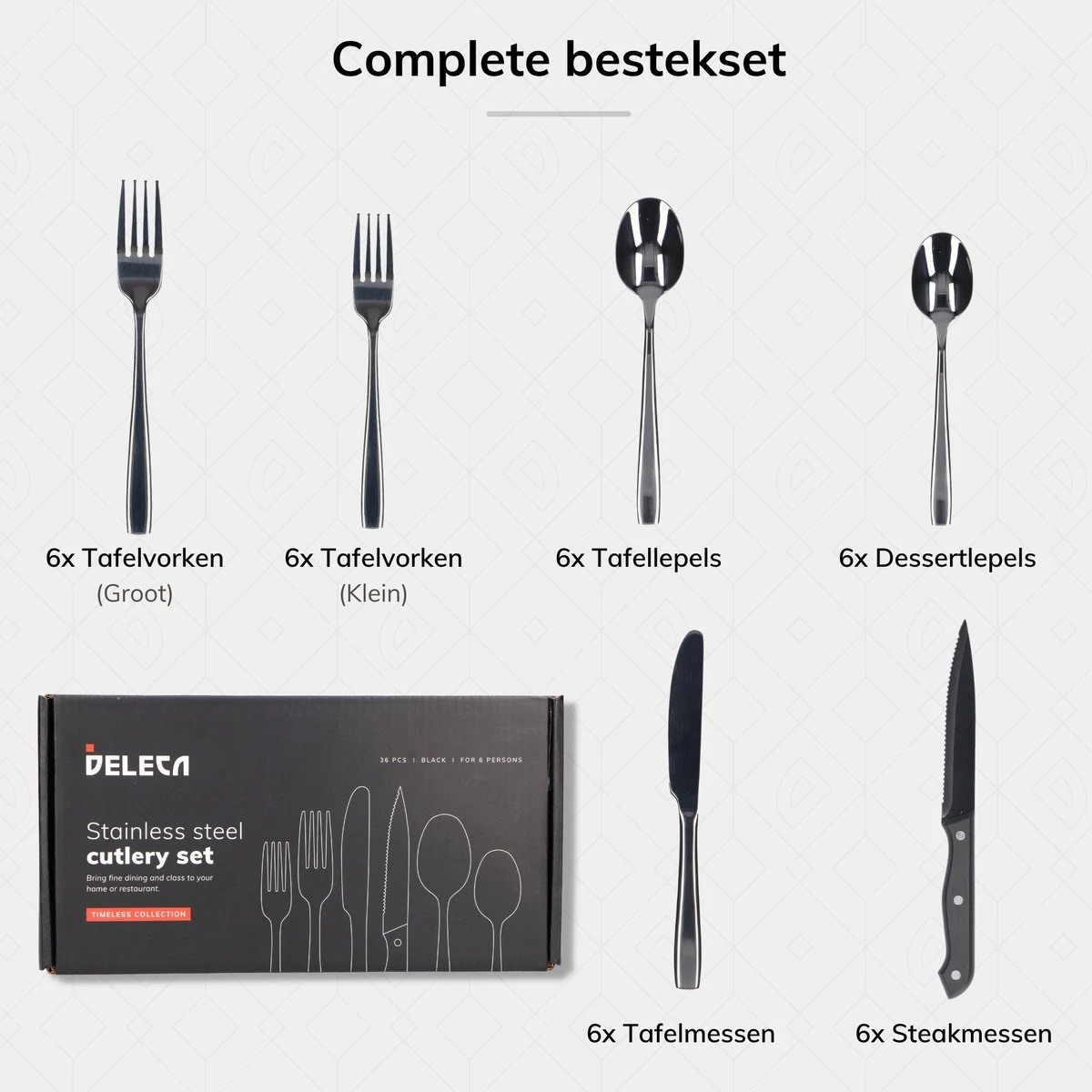 Deleca 6 Persoons Bestekset (36-delig) - Lepels, Messen, Vorken & Steakmessen - Vaatwasserbestendig - Zwart / RVS 9 Deleca 6 Persoons Bestekset (36-delig) - Lepels, Messen, Vorken & Steakmessen - Vaatwasserbestendig - Zwart / RVS - Afbeelding 9