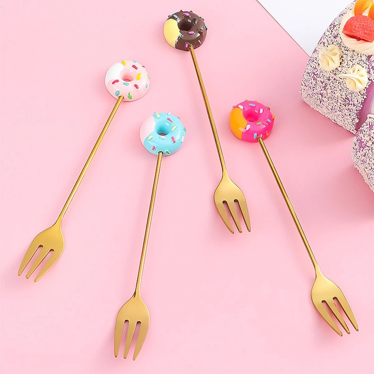 Gebaksvorkjes Donut Set Van 4 Taartvorkjes - Goud 5 Gebaksvorkjes Donut Set Van 4 Taartvorkjes - Goud - Afbeelding 5