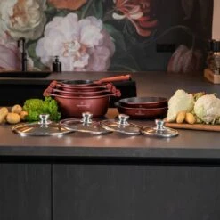 Herenthal Pannenset Inductie - Luxe 10-delige Koekenpan Inductie - Voor Alle Warmtebronnen - Pannen Met Glazen Deksels En Koudgrepen - Burgundy -Keukengerei Verkoop 1200x1200 357