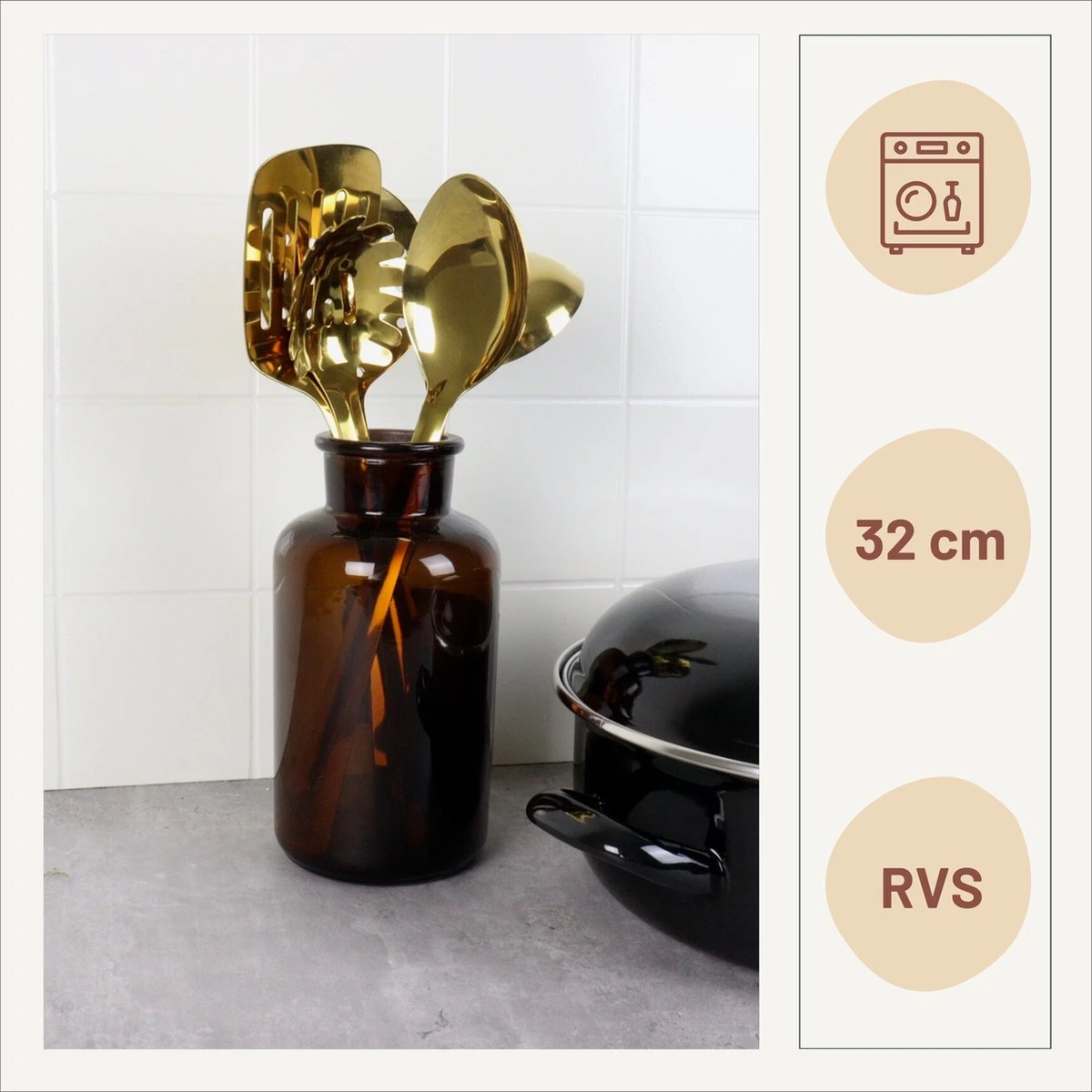 Orange85 Keukengerei Set - 5-delig - Goud - Schuimspaan - Spaghettilepel - Soeplepel - Spatel - Opscheplepel 4 Orange85 Keukengerei Set - 5-delig - Goud - Schuimspaan - Spaghettilepel - Soeplepel - Spatel - Opscheplepel - Afbeelding 4