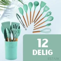 ESTARK® Keukengerei Set - Keukengerei Houder - Keukengerei Set Met Houder - 12 Delig - Antraciet Zwart - Houten Steel - Siliconen - Kerstcadeau - Pastalepel - Spatel Voor Beslag - Open Spatel - Grote Lepel - Open Lepel - Soeplepel - Keuken Spatels 12