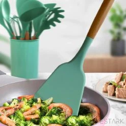 ESTARK® Keukengerei Set - Keukengerei Houder - Keukengerei Set Met Houder - 12 Delig - Antraciet Zwart - Houten Steel - Siliconen - Kerstcadeau - Pastalepel - Spatel Voor Beslag - Open Spatel - Grote Lepel - Open Lepel - Soeplepel - Keuken Spatels 12 -Keukengerei Verkoop 1200x1200 945