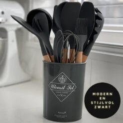 Keukengerei Set - Keukengerei Houder - Keukengerei Set Met Houder - 12 Delig - Antraciet Zwart - Houten Steel - Siliconen - Kerstcadeau - Fienosa -Keukengerei Verkoop 1200x1200 953