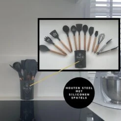 Keukengerei Set - Keukengerei Houder - Keukengerei Set Met Houder - 12 Delig - Antraciet Zwart - Houten Steel - Siliconen - Kerstcadeau - Fienosa -Keukengerei Verkoop 1200x1200 954