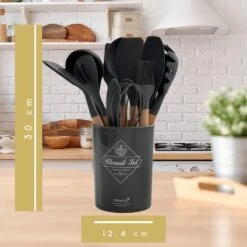 Keukengerei Set - Keukengerei Houder - Keukengerei Set Met Houder - 12 Delig - Antraciet Zwart - Houten Steel - Siliconen - Kerstcadeau - Fienosa -Keukengerei Verkoop 1200x1200 955
