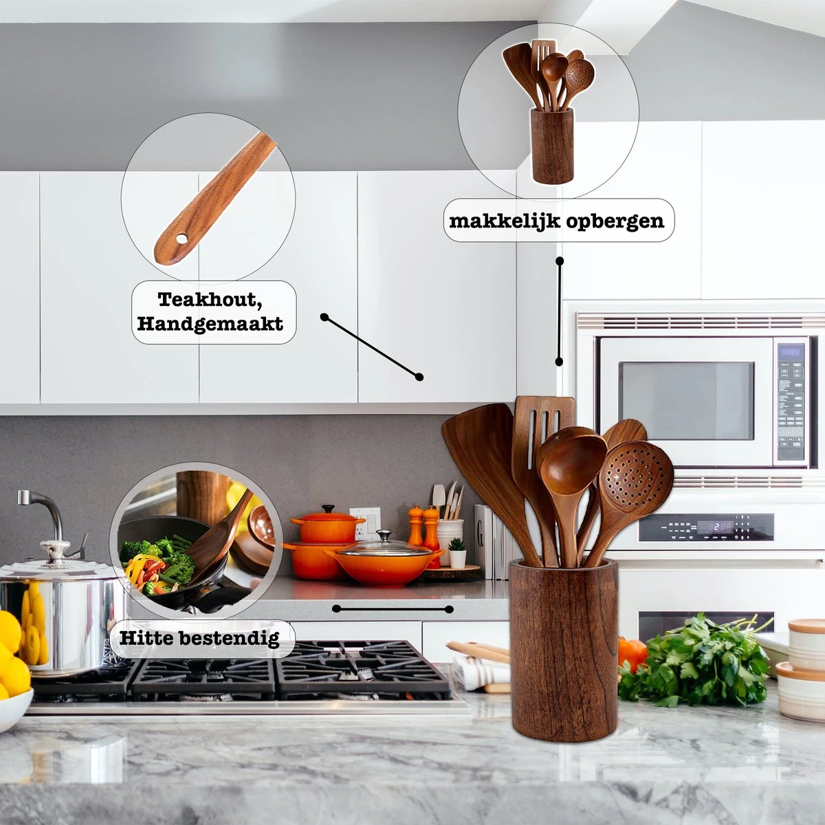 Luverno® - Keukengerei Set - 6 Delig - Teakhout - Keukenset - Keukengerei - Keukengerei Set Met Houder - Keukengerei Houder - Spatelpot - Bruin 4 Luverno® - Keukengerei Set - 6 Delig - Teakhout - Keukenset - Keukengerei - Keukengerei Set Met Houder - Keukengerei Houder - Spatelpot - Bruin - Afbeelding 4