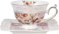 Clayre & Eef Kop En Schotel 200 Ml Roze Wit Porselein Rond Bloemen Servies Cadeau Voor Haar Cappuccino