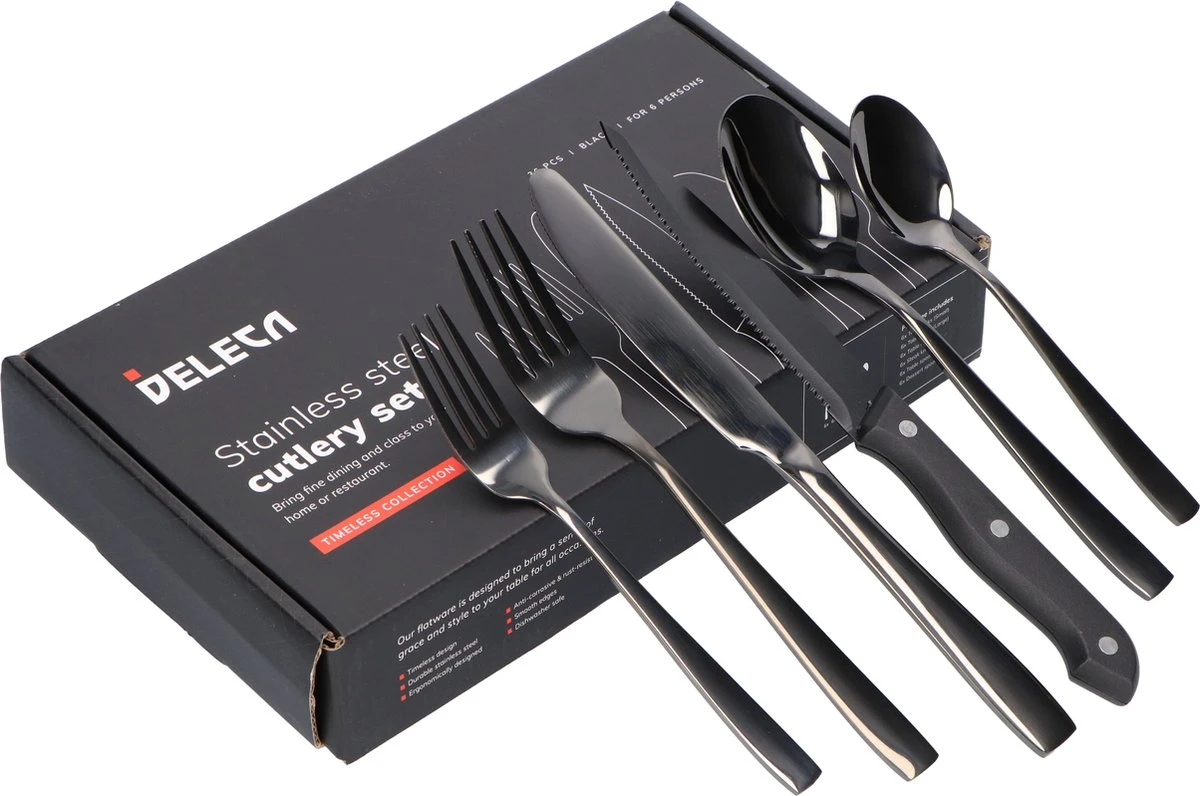 Deleca 6 Persoons Bestekset (36-delig) - Lepels, Messen, Vorken & Steakmessen - Vaatwasserbestendig - Zwart / RVS 10 Deleca 6 Persoons Bestekset (36-delig) - Lepels, Messen, Vorken & Steakmessen - Vaatwasserbestendig - Zwart / RVS - Afbeelding 10