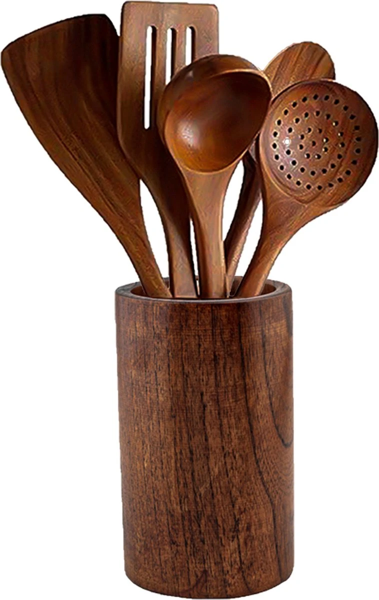 Luverno® - Keukengerei Set - 6 Delig - Teakhout - Keukenset - Keukengerei - Keukengerei Set Met Houder - Keukengerei Houder - Spatelpot - Bruin 1 Luverno® - Keukengerei Set - 6 Delig - Teakhout - Keukenset - Keukengerei - Keukengerei Set Met Houder - Keukengerei Houder - Spatelpot - Bruin