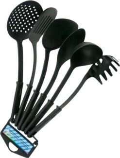 Merkloos Keukengerei Set - 6 Delig - Zwart - Kunststof - 31 Cm - Spatel - Soeplepel - Pollepel - Sauslepel - Schuimspaan - Pastalepel - Krasvrij - Keuken Accessoires - Uitzet Cadeau - Kookgerei -Keukengerei Verkoop 911x1200